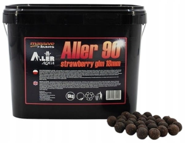 Kulki proteinowe karpia ALLER 90 STRAWBERRY 24mm MASSIVE BAITS wiaderko 5kg