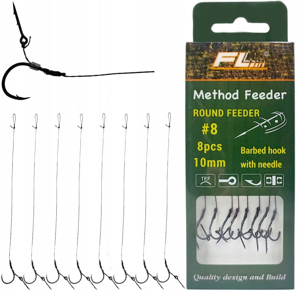 Przypony hak nr8 do method feeder na plecionce z igłą bagnetem 8szt