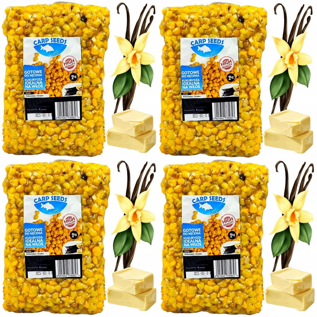 4x Ziarna zanętowe gotowe ORZECH KONOPIA KUKURYDZA PSZENICA 1kg Carp Seed
