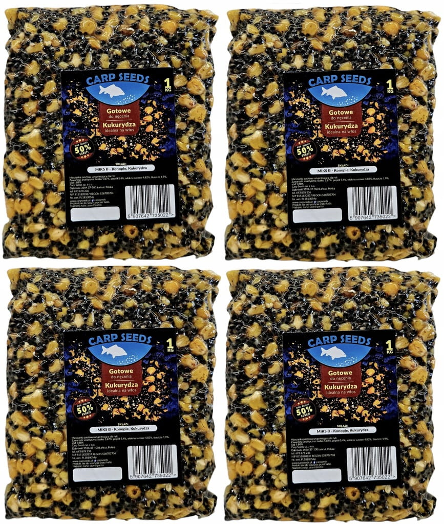 4x Ziarna zanętowe gotowe KONOPIA KUKURYDZA MIKS B 1kg Carp Seed