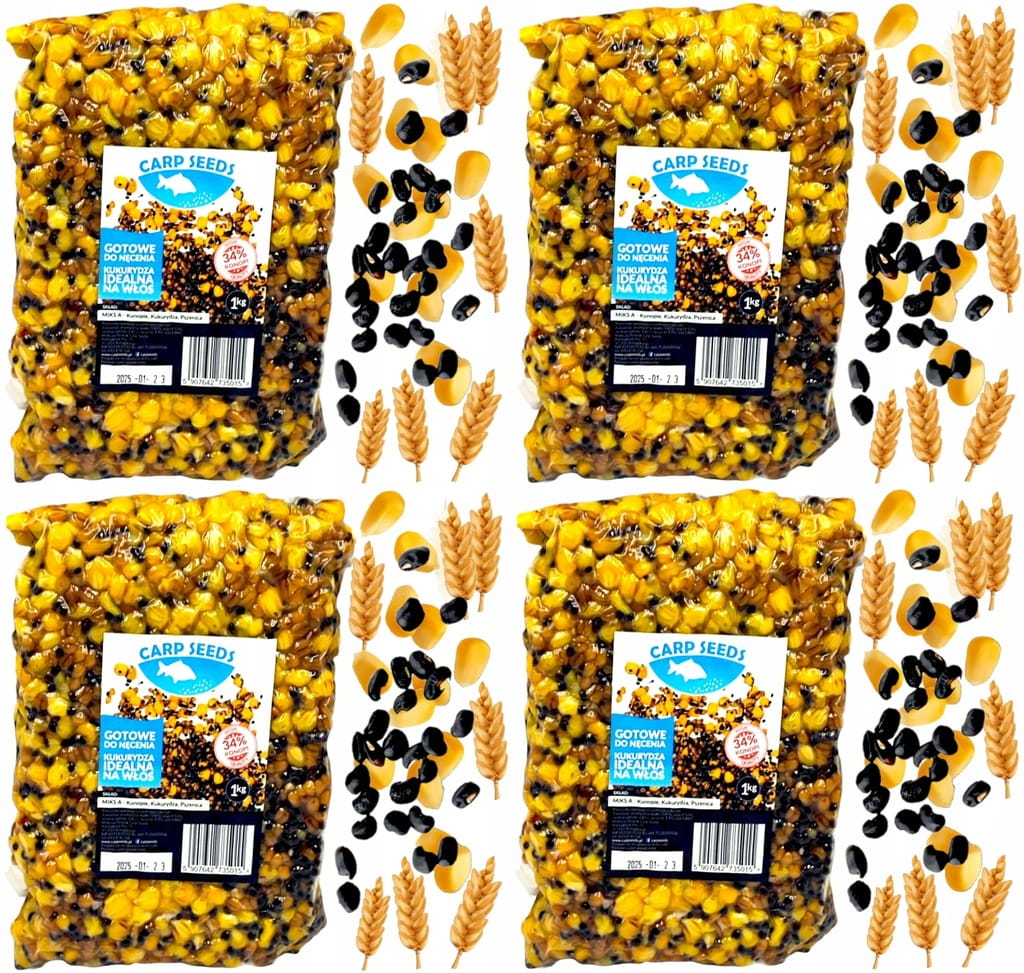 4x Ziarna zanętowe gotowe KONOPIA KUKURYDZA PSZENICA MIKS A 1kg Carp Seed